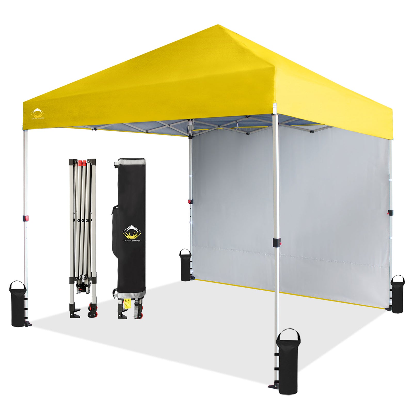 CROWN SHADES 8x8 Ft PopUp Canopy w/ Sidewall & 1 Push Center Lock, Yellow (Used) - VMInnovations