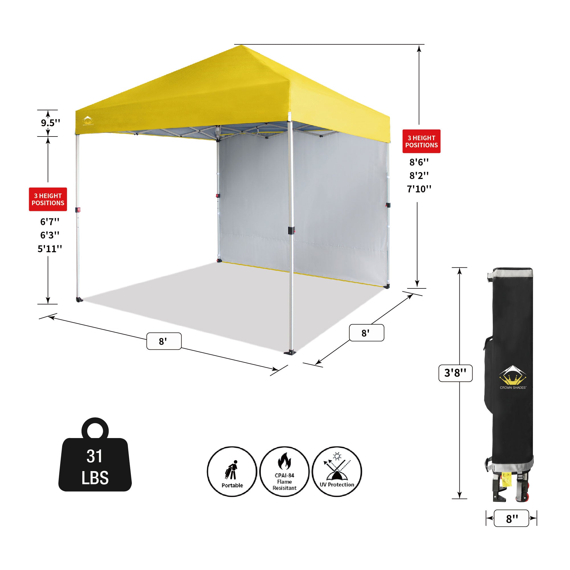 CROWN SHADES 8x8 Ft Pop Up Canopy Tent w/ Sidewall & 1 Push Center Lock, Yellow