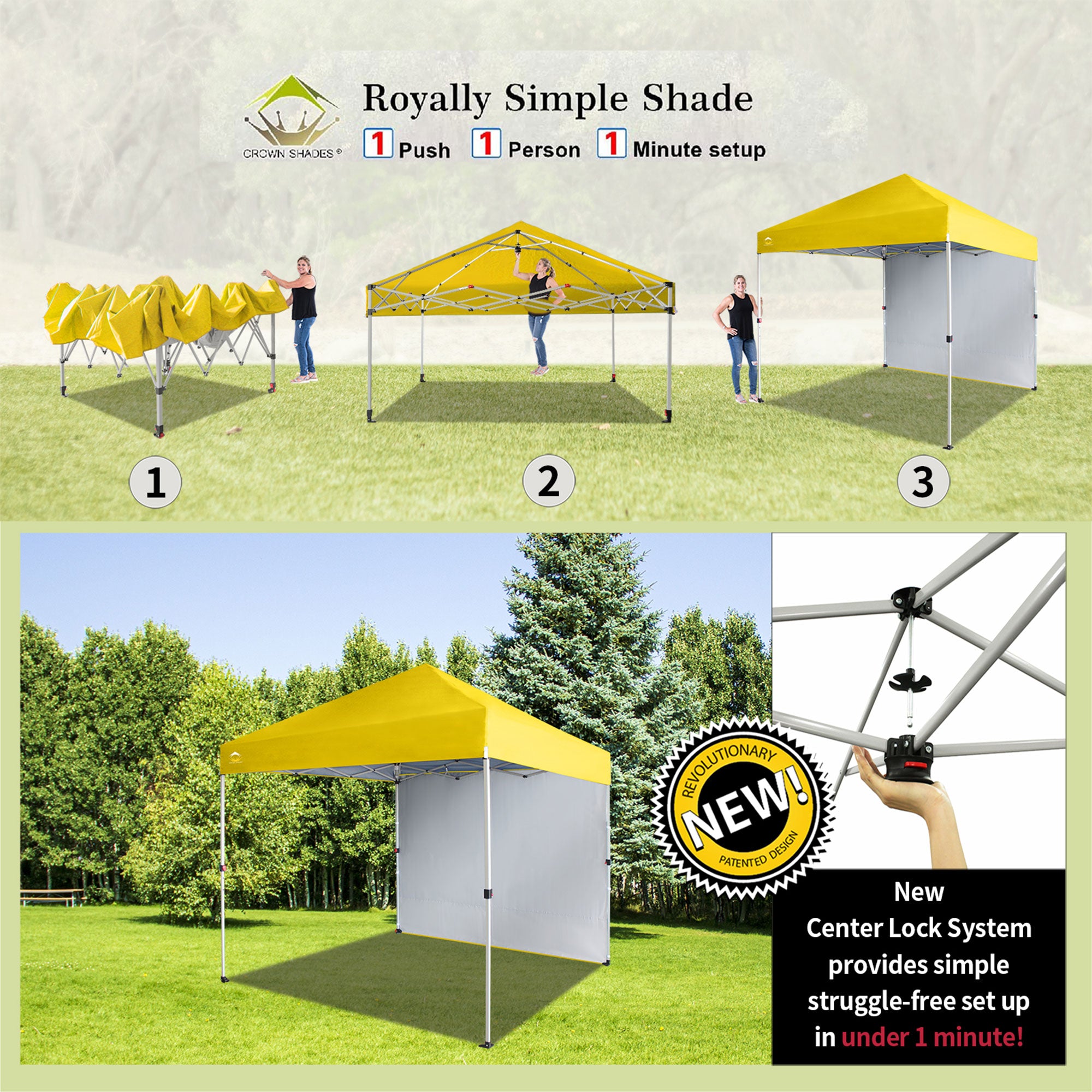 CROWN SHADES 8x8 Ft Pop Up Canopy Tent w/ Sidewall & 1 Push Center Lock, Yellow