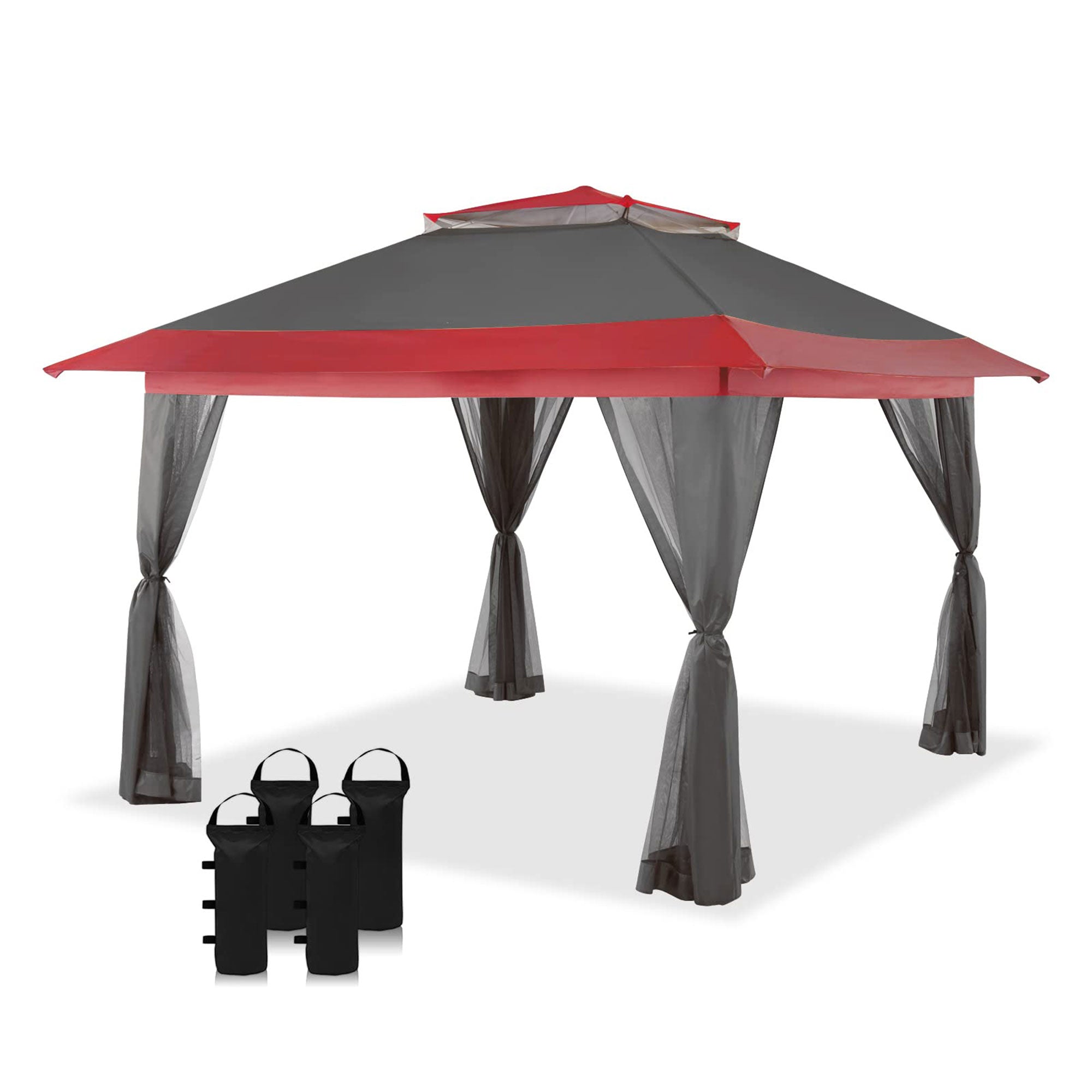 CROWN SHADES 13 x 13 Ft Pop Up Gazebo Shelter w/Mosquito Net Sidewalls, Red/Grey