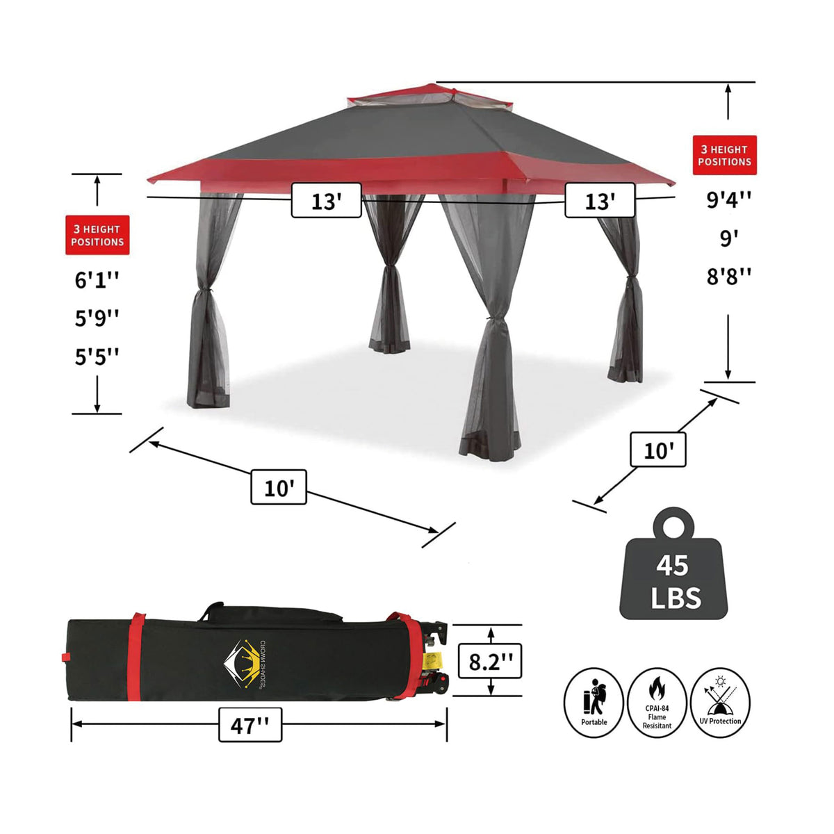 CROWN SHADES 13 x 13 Ft Pop Up Gazebo Shelter w/Mosquito Net Sidewalls, Red/Grey