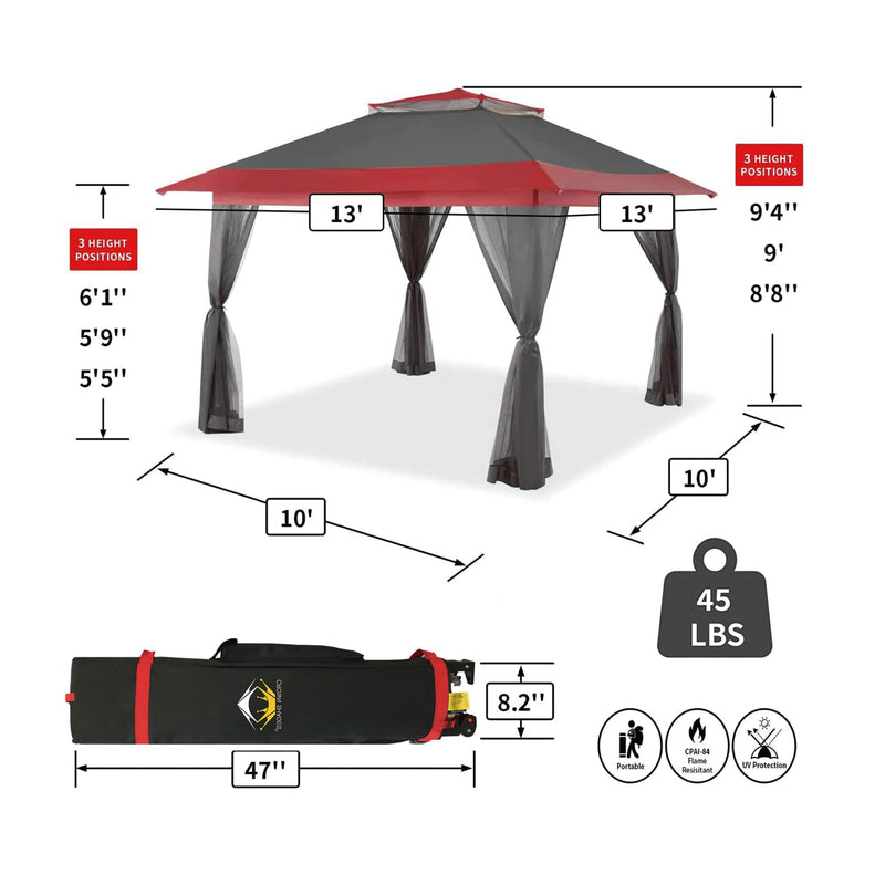 CROWN SHADES 13x13ft Pop Up Gazebo w/Mosquito Net Sidewalls, Red/Grey (Used)