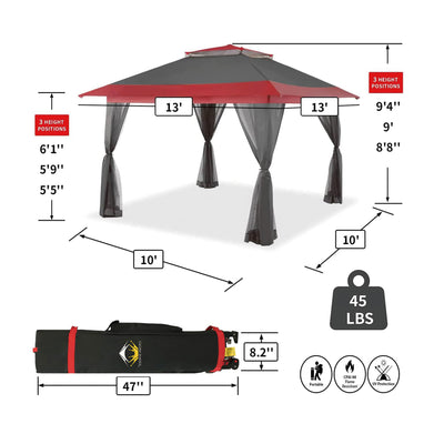CROWN SHADES 13 x 13 Ft Pop Up Gazebo Shelter w/Mosquito Net Sidewalls, Red/Grey
