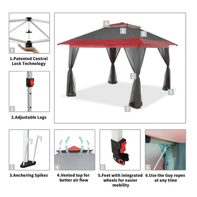 CROWN SHADES 13 x 13 Ft Pop Up Gazebo Shelter w/Mosquito Net Sidewalls, Red/Grey
