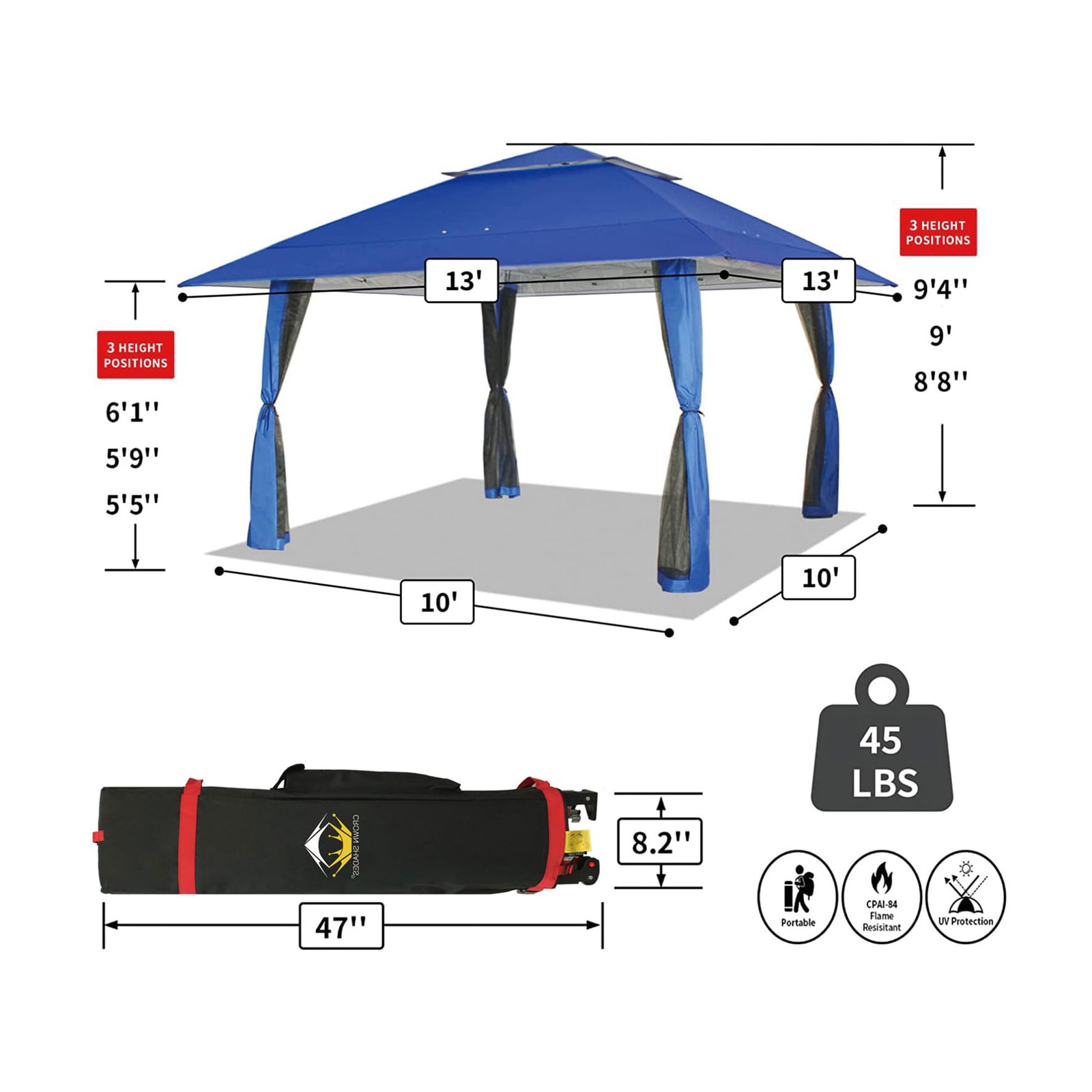 CROWN SHADES 13 x 13 Ft Pop Up Gazebo w/4 Mosquito Net Sidewalls, Blue (Used) - VMInnovations