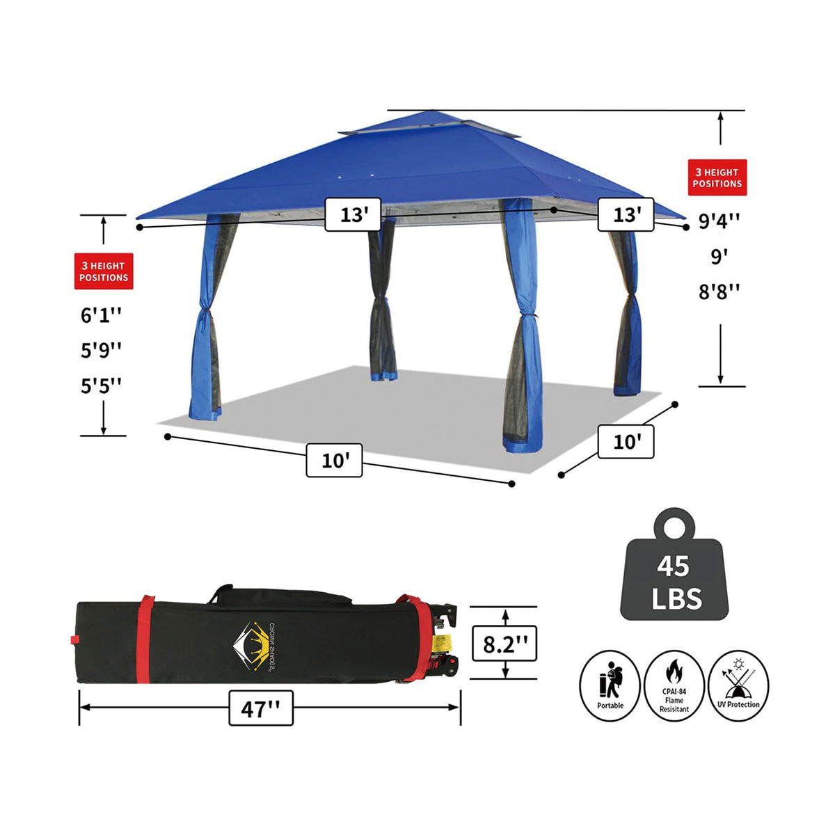 CROWN SHADES 13 x 13 Ft Pop Up Gazebo Shelter w/4 Mosquito Net Sidewalls, Blue