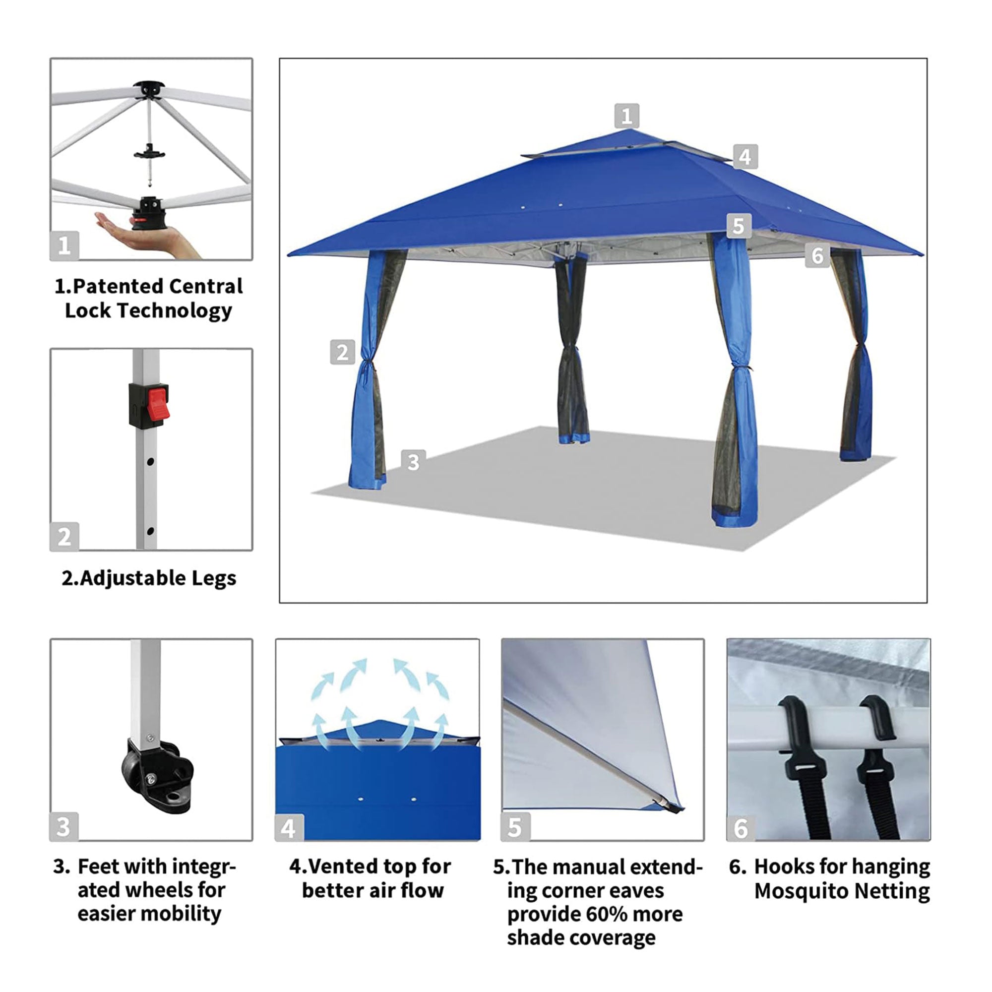 CROWN SHADES 13 x 13 Ft Pop Up Gazebo Shelter w/4 Mosquito Net Sidewalls, Blue