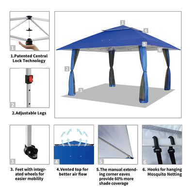 CROWN SHADES 13 x 13 Ft Pop Up Gazebo Shelter w/4 Mosquito Net Sidewalls, Blue