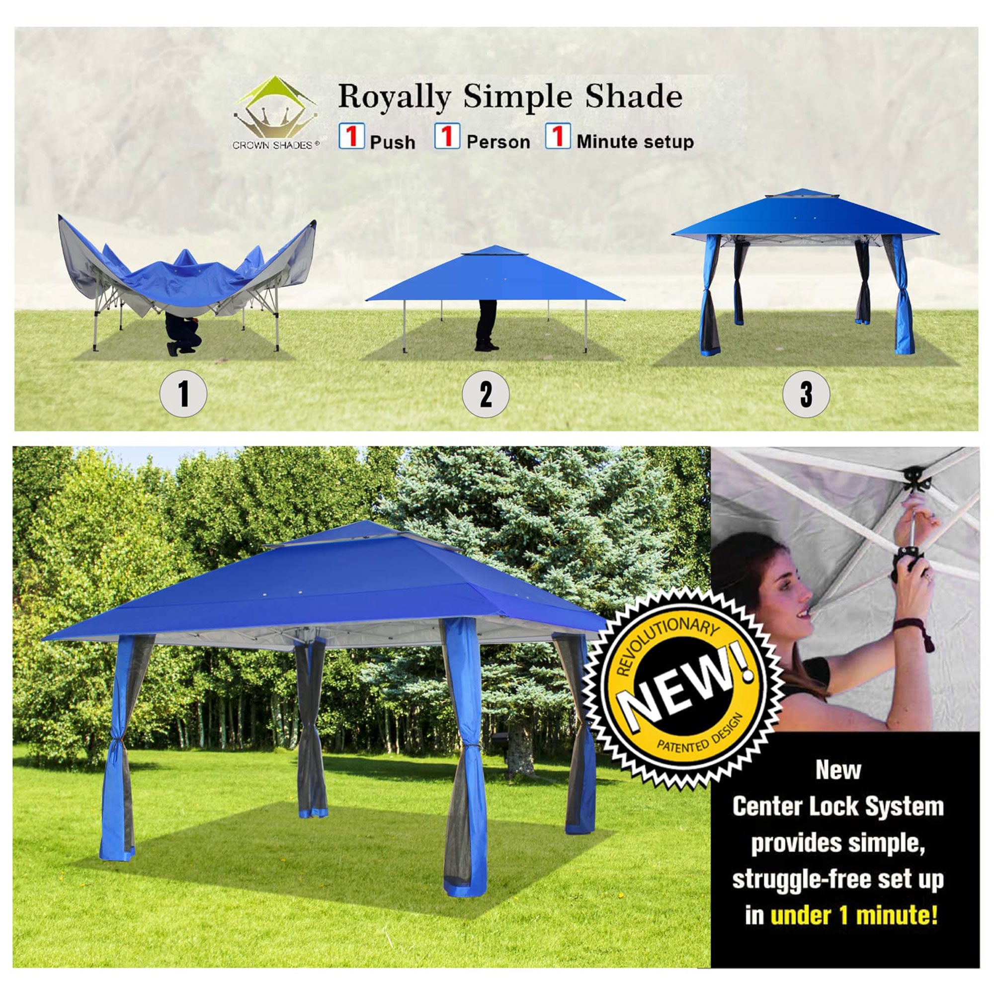 CROWN SHADES 13 x 13 Ft Pop Up Gazebo Shelter w/4 Mosquito Net Sidewalls, Blue