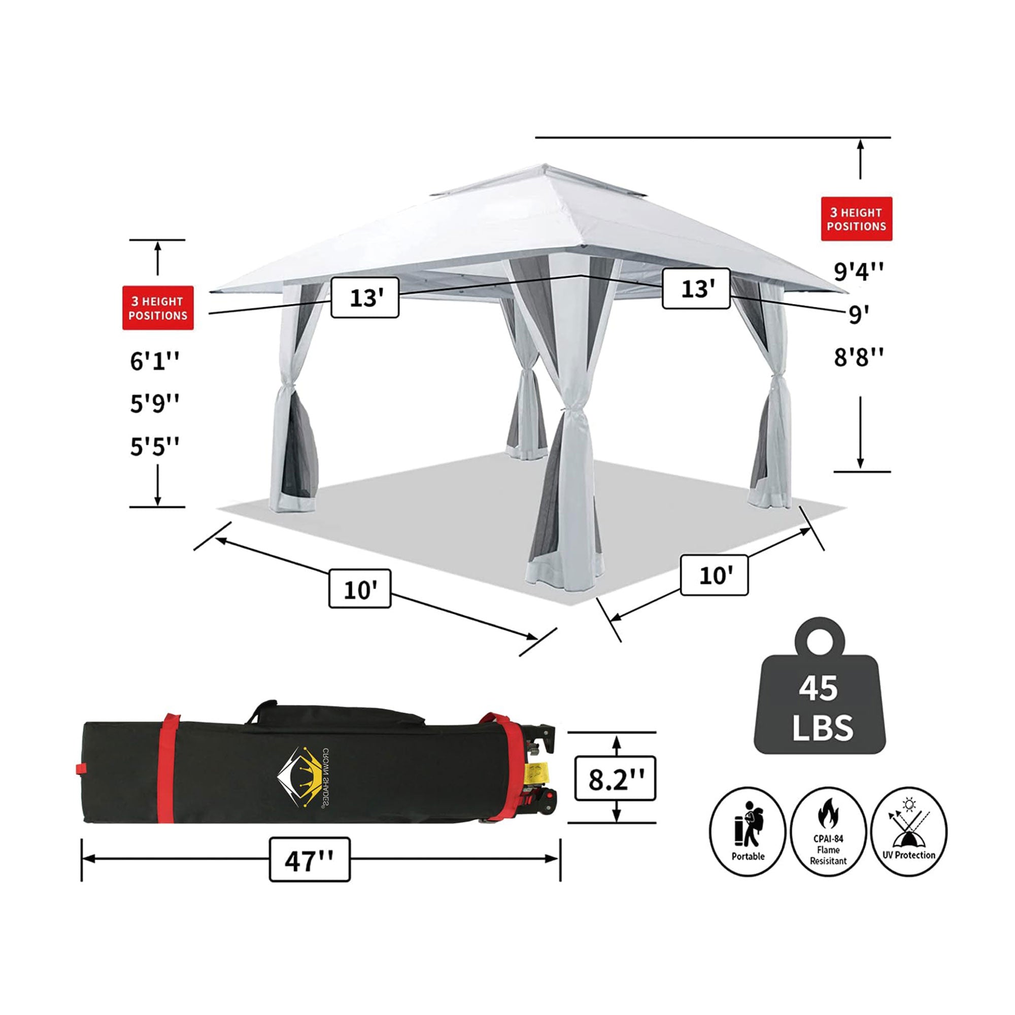 CROWN SHADES 13 x 13 Ft Pop Up Gazebo Shelter w/4 Mosquito Net Sidewalls, White