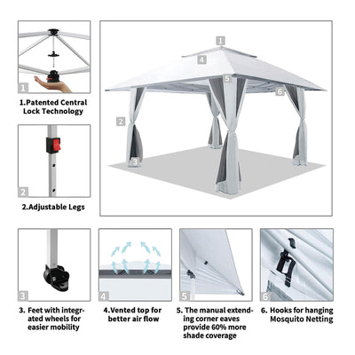 CROWN SHADES 13x13Ft Pop Up Gazebo w/4 Mosquito Net Sidewalls, White (Used)