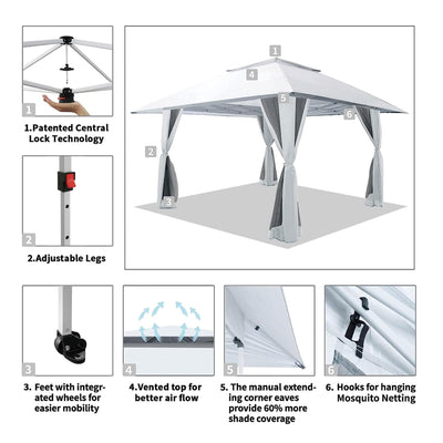 CROWN SHADES 13 x 13 Ft Pop Up Gazebo Shelter w/4 Mosquito Net Sidewalls, White