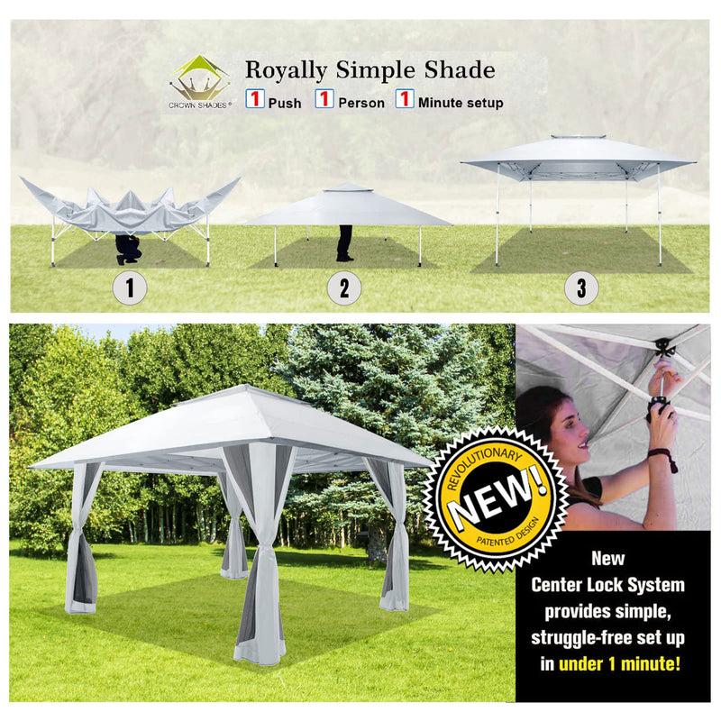 CROWN SHADES 13x13Ft Pop Up Gazebo w/4 Mosquito Net Sidewalls, White (Used)