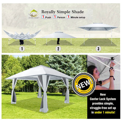CROWN SHADES 13 x 13 Ft Pop Up Gazebo Shelter w/4 Mosquito Net Sidewalls, White