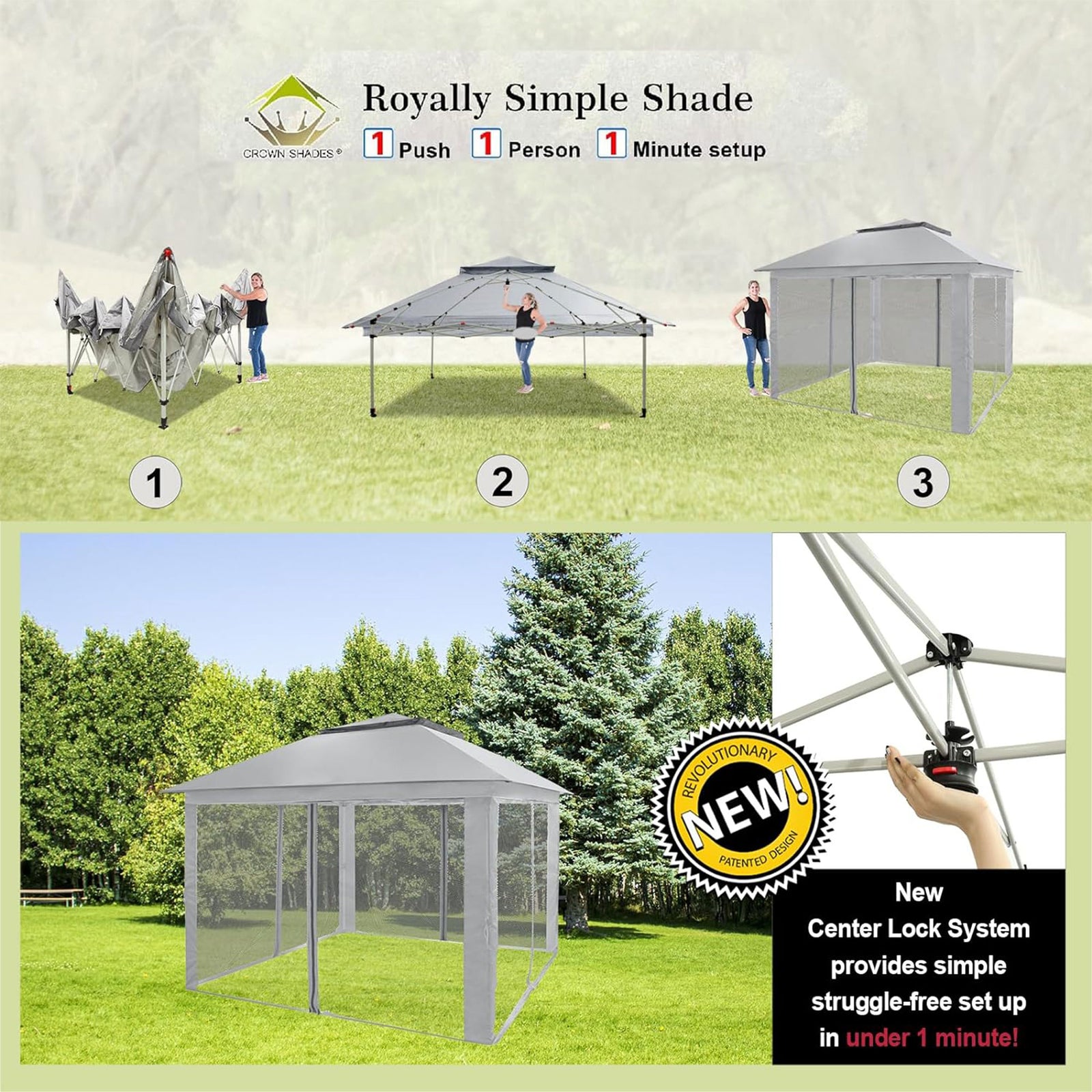 CROWN SHADES 11 x 11 Ft Pop Up Shelter with Mosquito Net Sidewalls, Grey (Used) - VMInnovations