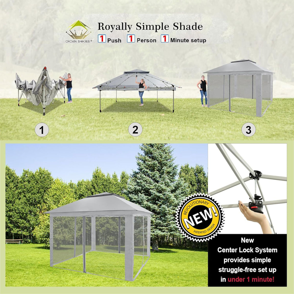 CROWN SHADES 11 x 11 Ft Pop Up Gazebo Shelter with Mosquito Net Sidewalls, Grey