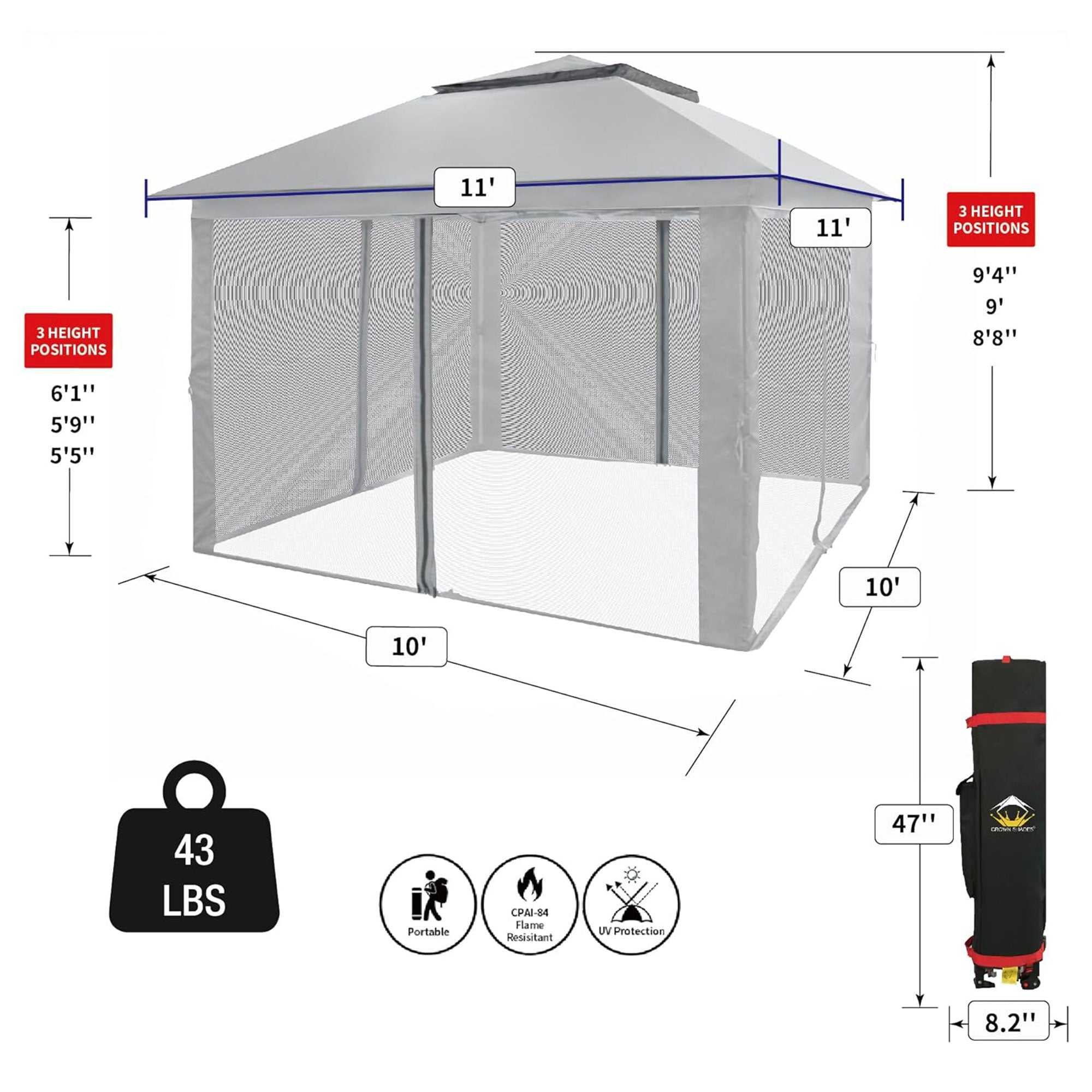 CROWN SHADES 11 x 11 Ft Pop Up Gazebo Shelter with Mosquito Net Sidewalls, Grey