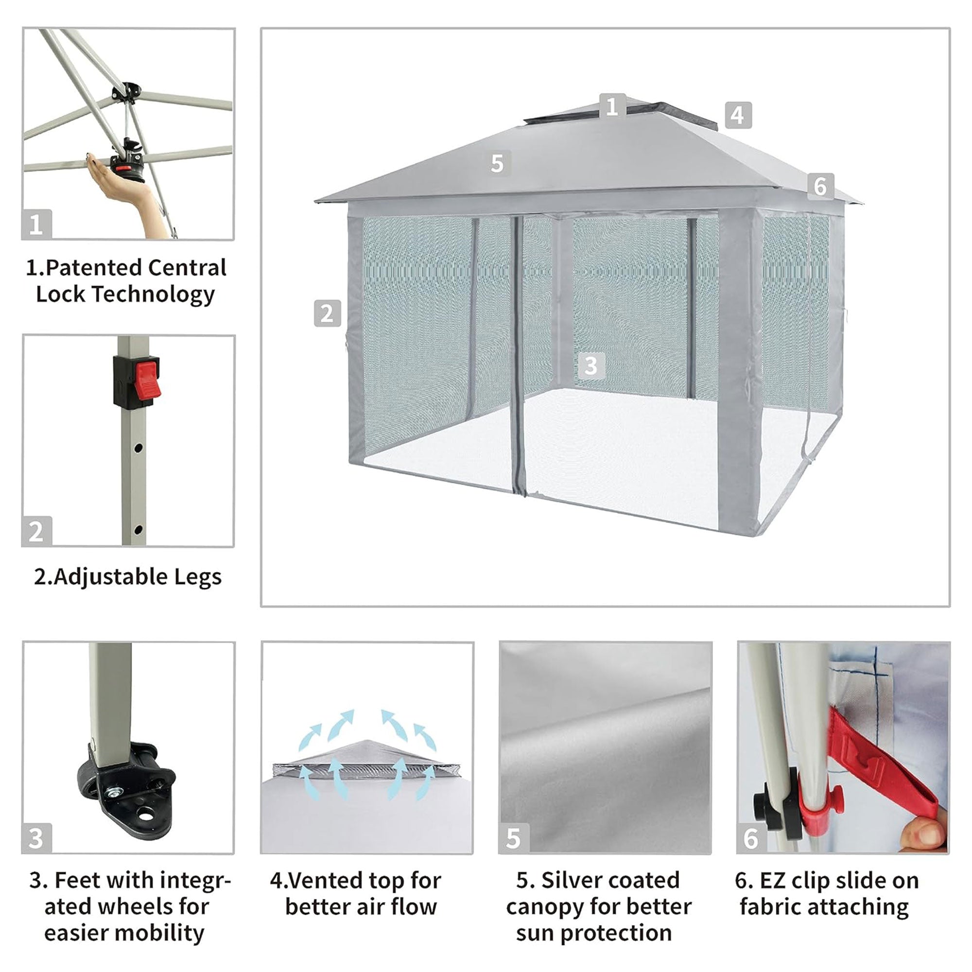 CROWN SHADES 11 x 11 Ft Pop Up Gazebo Shelter with Mosquito Net Sidewalls, Grey