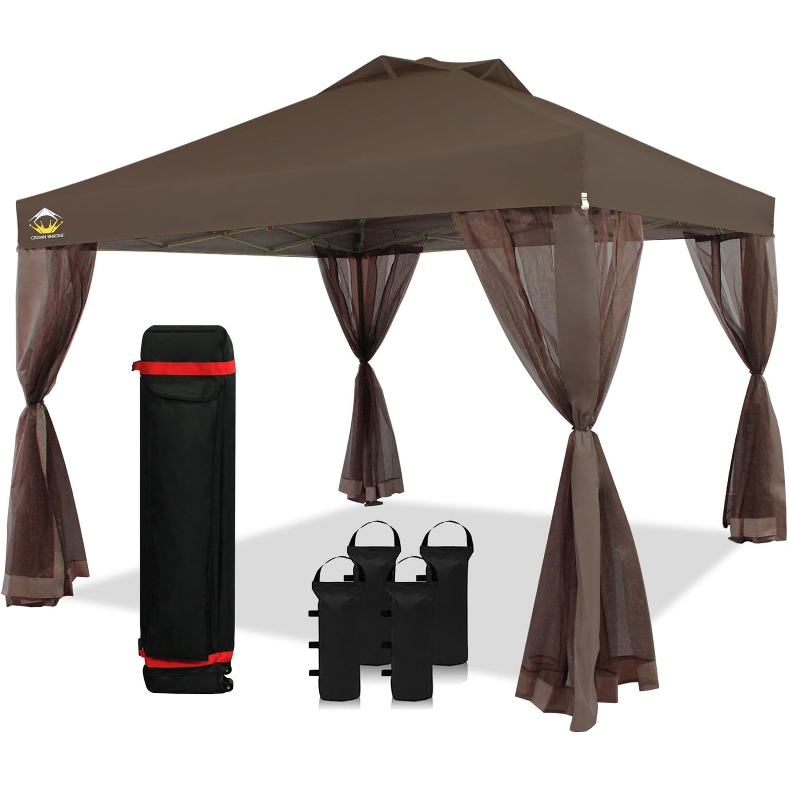 CROWN SHADES 10 x 10 Ft Pop Up Gazebo w/Mosquito Net Sidewalls, Coffee (Used) - VMInnovations