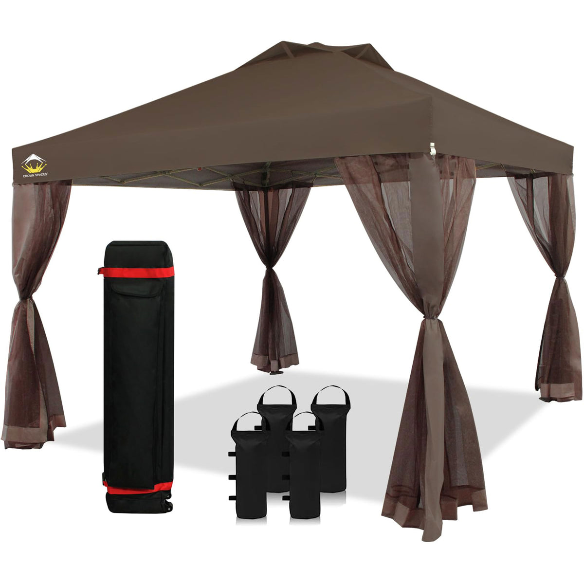 CROWN SHADES 10 x 10 Ft Pop Up Gazebo Shelter w/ Mosquito Net Sidewalls, Coffee