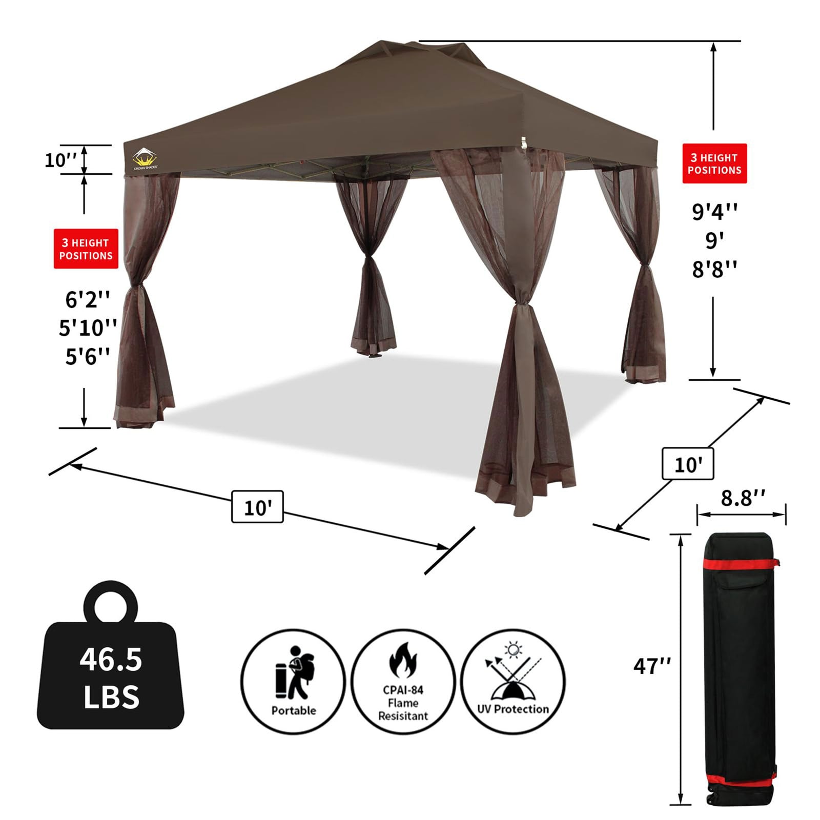CROWN SHADES 10 x 10 Ft Pop Up Gazebo w/Mosquito Net Sidewalls, Coffee (Used) - VMInnovations