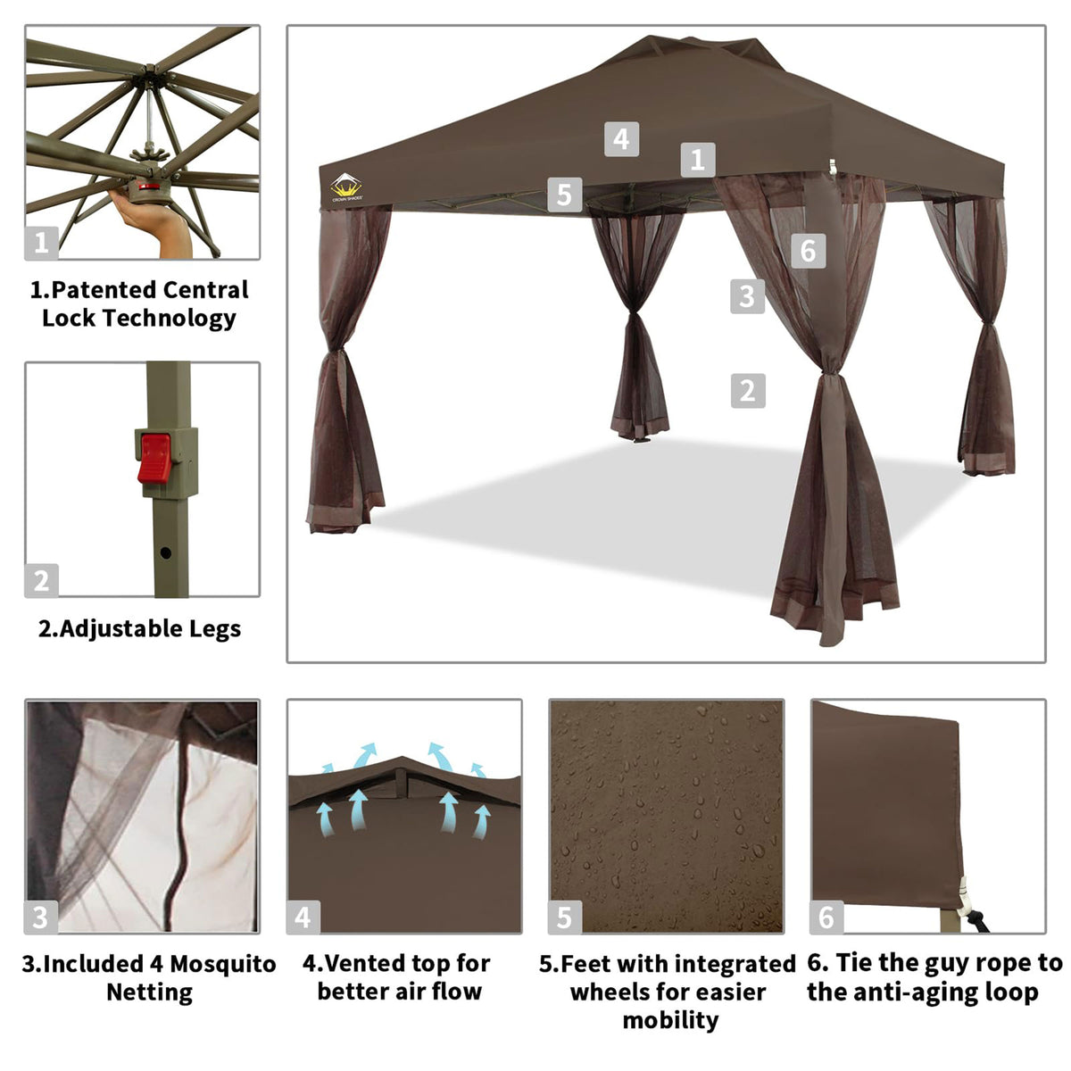 CROWN SHADES 10 x 10 Ft Pop Up Gazebo Shelter w/ Mosquito Net Sidewalls, Coffee