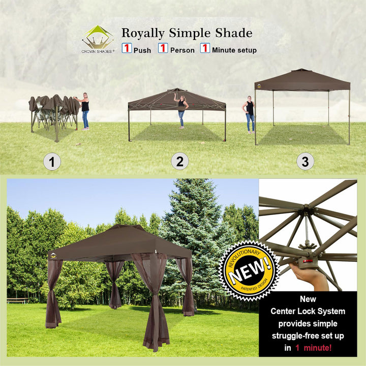 CROWN SHADES 10 x 10 Ft Pop Up Gazebo w/Mosquito Net Sidewalls, Coffee (Used)