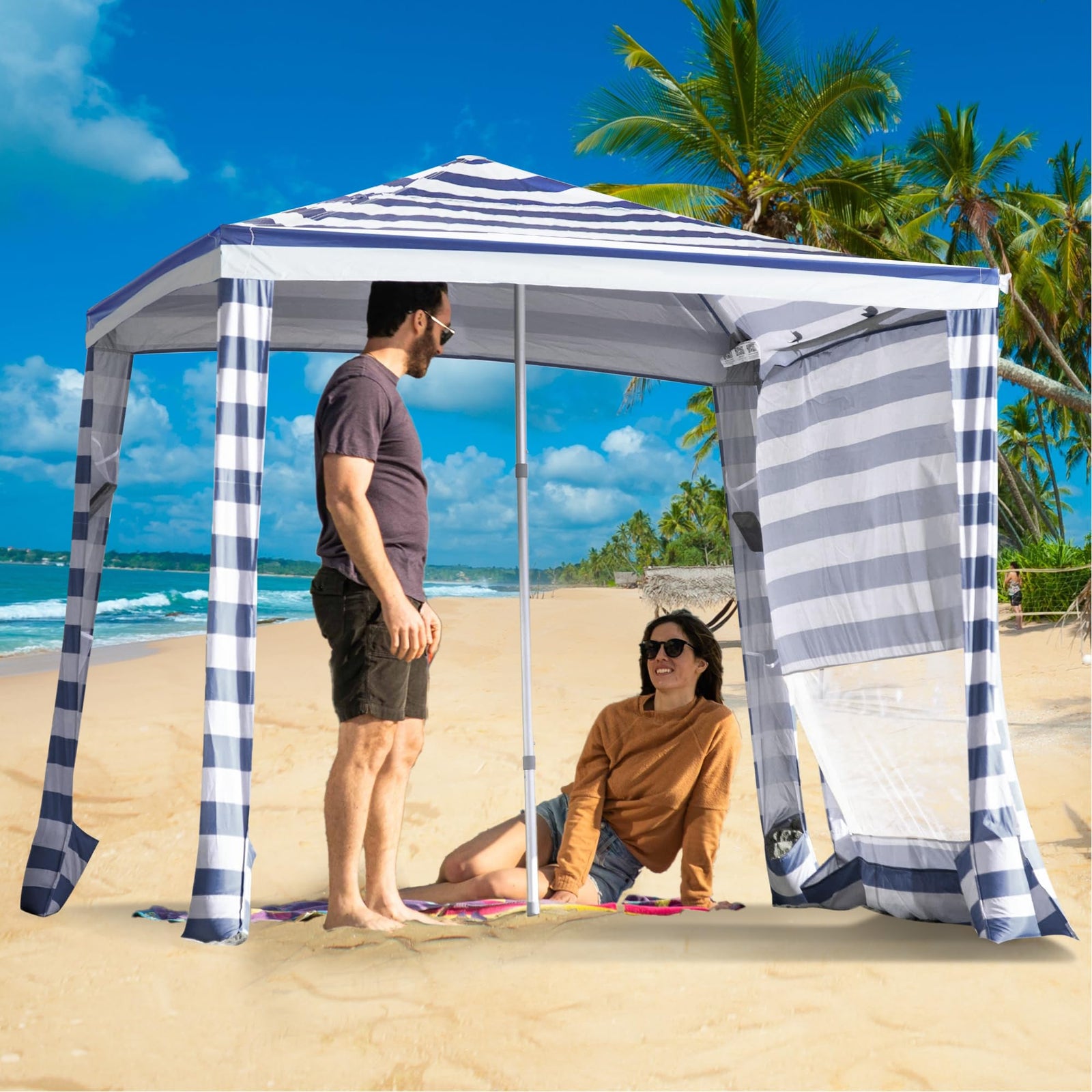 CROWN SHADES 6.5 x 6.5 Ft Pop-Up Beach Cabana w/Sidewall, Navy Blue (Used) - VMInnovations
