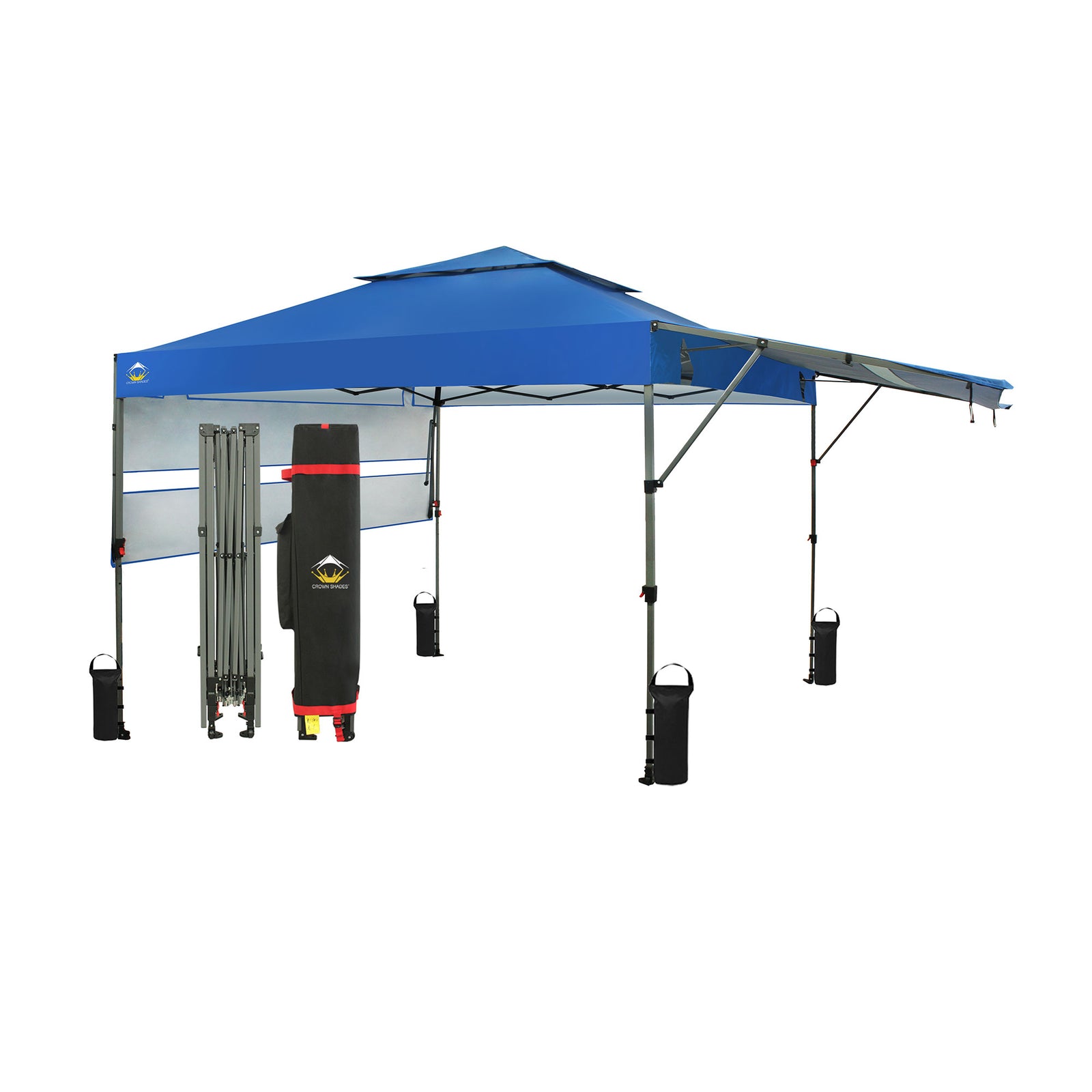 CROWN SHADES 10x10 Ft Pop Up Canopy Tent with 2 Extended Awnings, Blue (Used) - VMInnovations