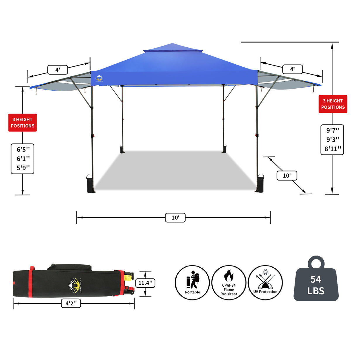 CROWN SHADES 10x10 Ft Pop Up Outdoor Canopy Tent with 2 Extended Awnings, Blue