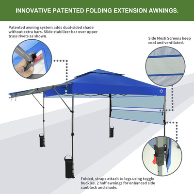 CROWN SHADES 10x10 Ft Pop Up Outdoor Canopy Tent with 2 Extended Awnings, Blue