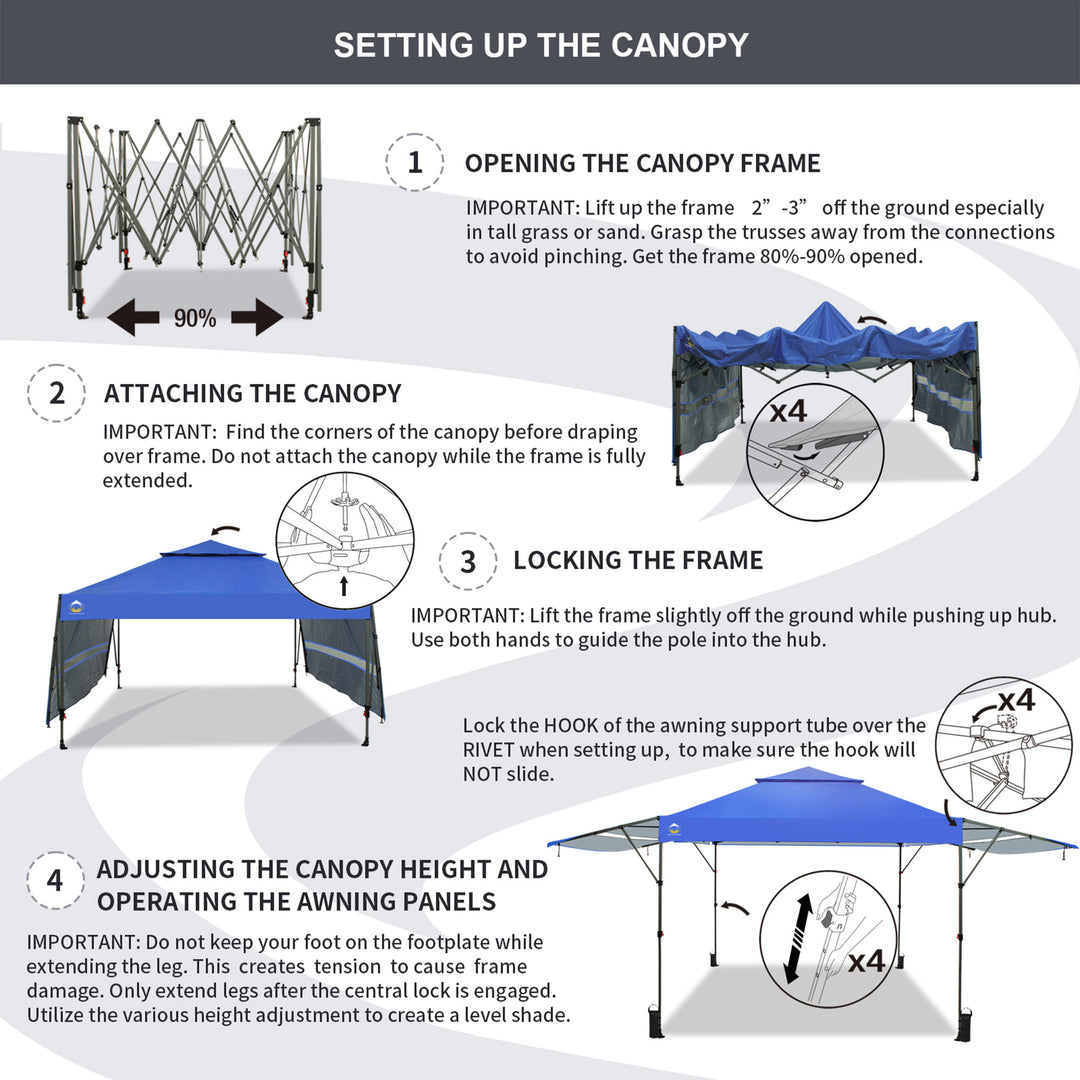 CROWN SHADES 10x10 Ft Pop Up Canopy Tent with 2 Extended Awnings, Blue (Used)