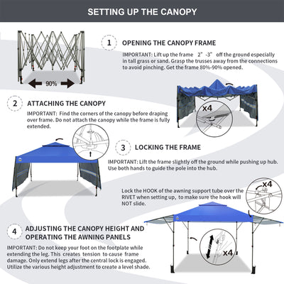 CROWN SHADES 10x10 Ft Pop Up Outdoor Canopy Tent with 2 Extended Awnings, Blue