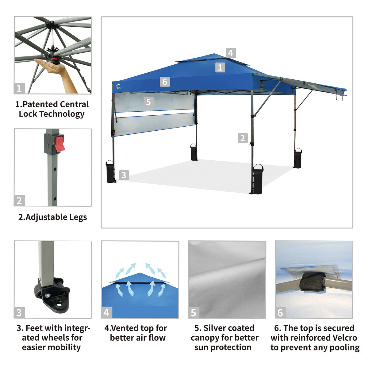 CROWN SHADES 10x10 Ft Pop Up Outdoor Canopy Tent with 2 Extended Awnings, Blue