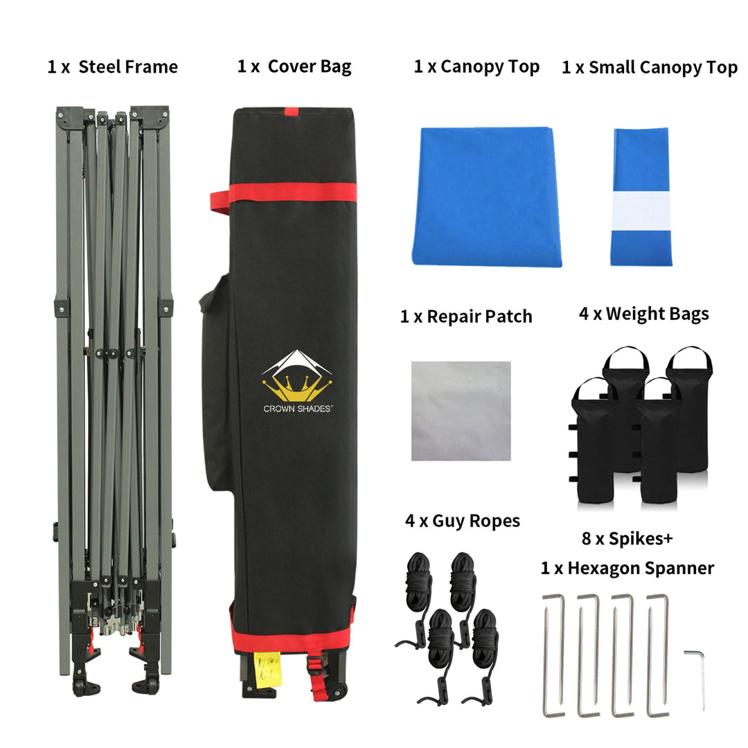 CROWN SHADES 10x10 Ft Pop Up Canopy Tent with 2 Extended Awnings, Blue (Used)