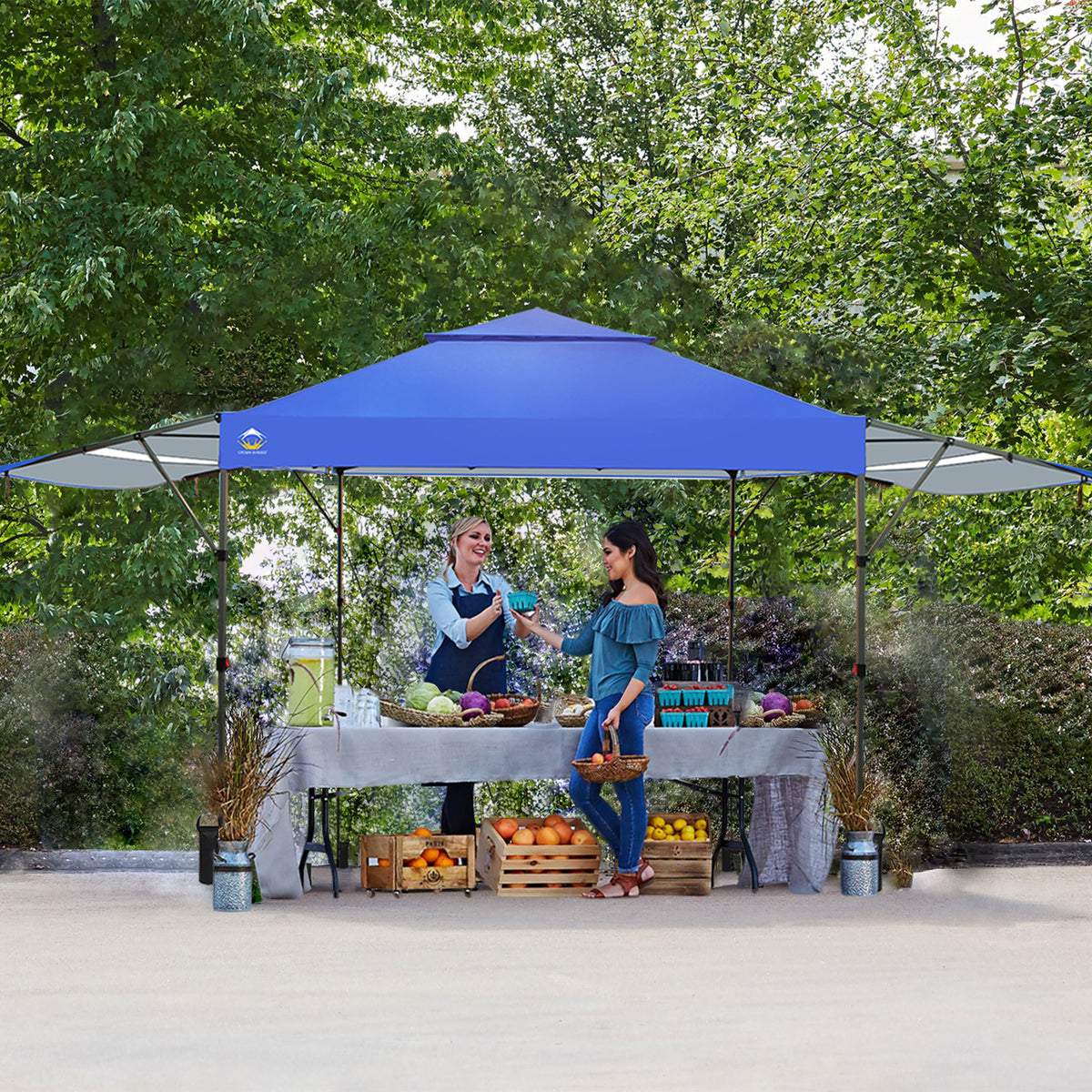 CROWN SHADES 10x10 Ft Pop Up Outdoor Canopy Tent with 2 Extended Awnings, Blue
