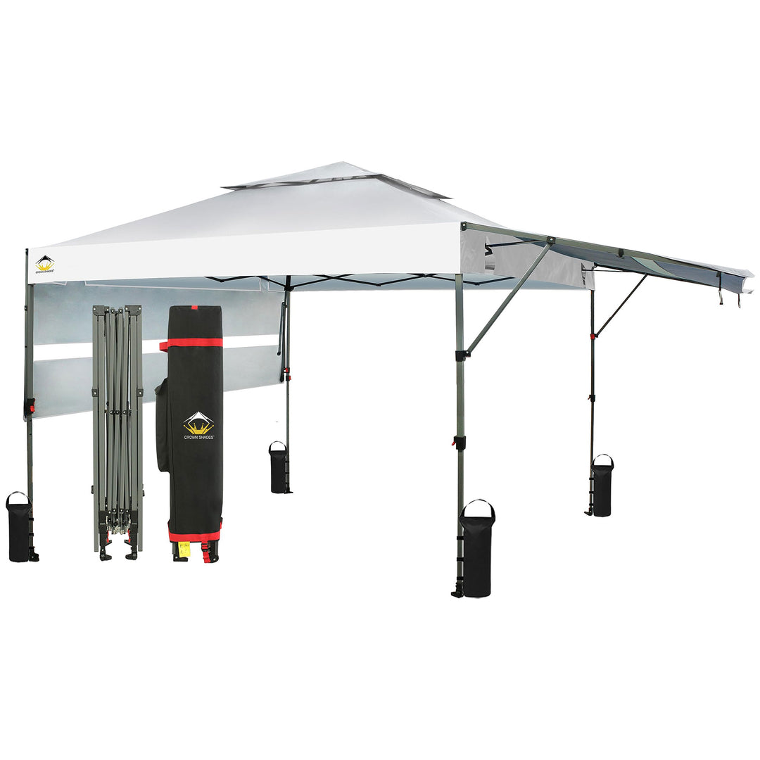 CROWN SHADES 10x10 Ft Pop Up Canopy Tent w/2 Extended Awnings, White (Used)