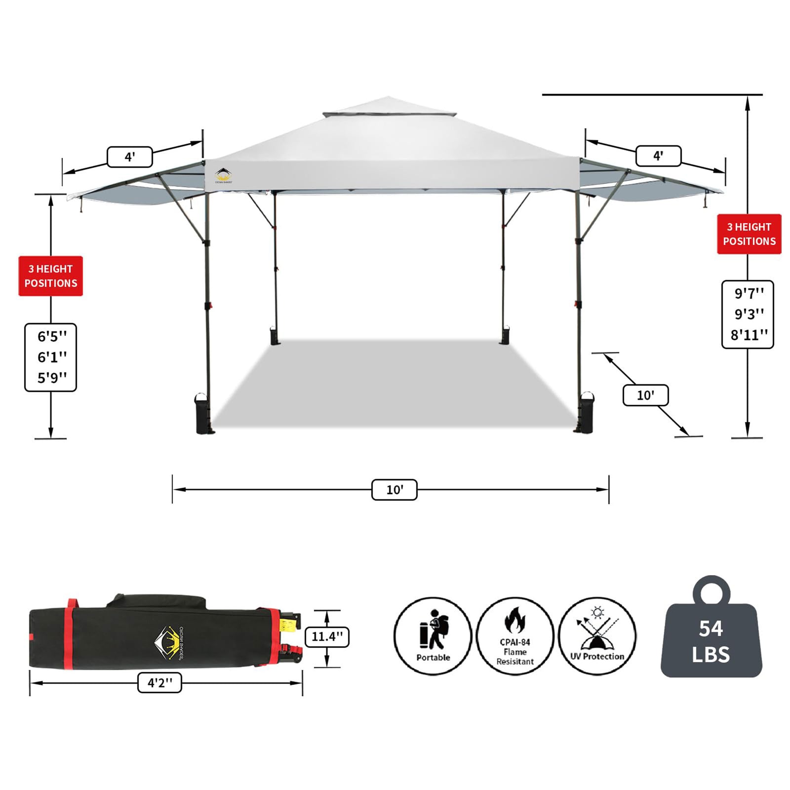 CROWN SHADES 10x10 Ft Pop Up Canopy Tent w/2 Extended Awnings, White (Used) - VMInnovations