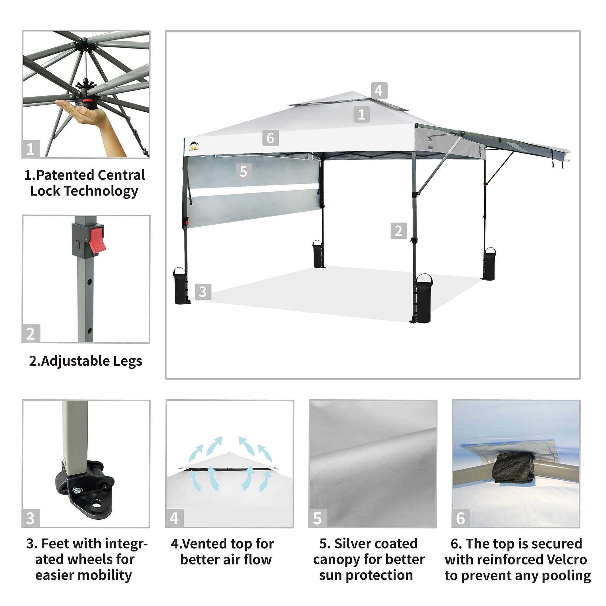 CROWN SHADES 10x10 Ft Pop Up Canopy Tent w/2 Extended Awnings, White (Used) - VMInnovations