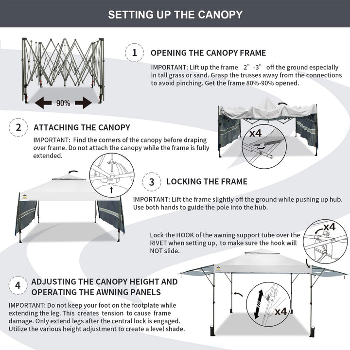 CROWN SHADES 10x10 Ft Pop Up Canopy Tent w/2 Extended Awnings, White (Used)