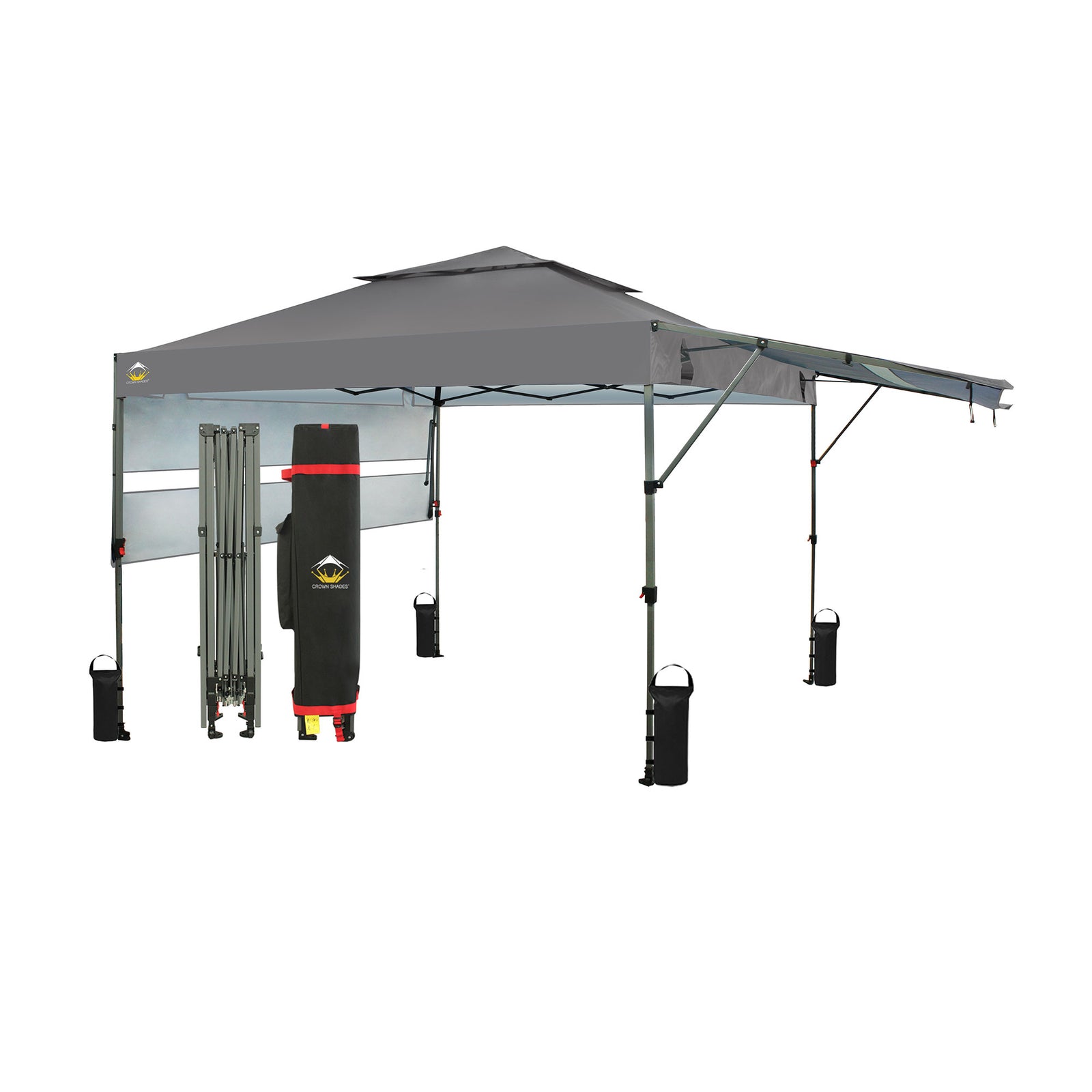 CROWN SHADES 10x10' Pop Up Outdoor Canopy Tent w/ 2 Extended Awnings, Grey(Used) - VMInnovations