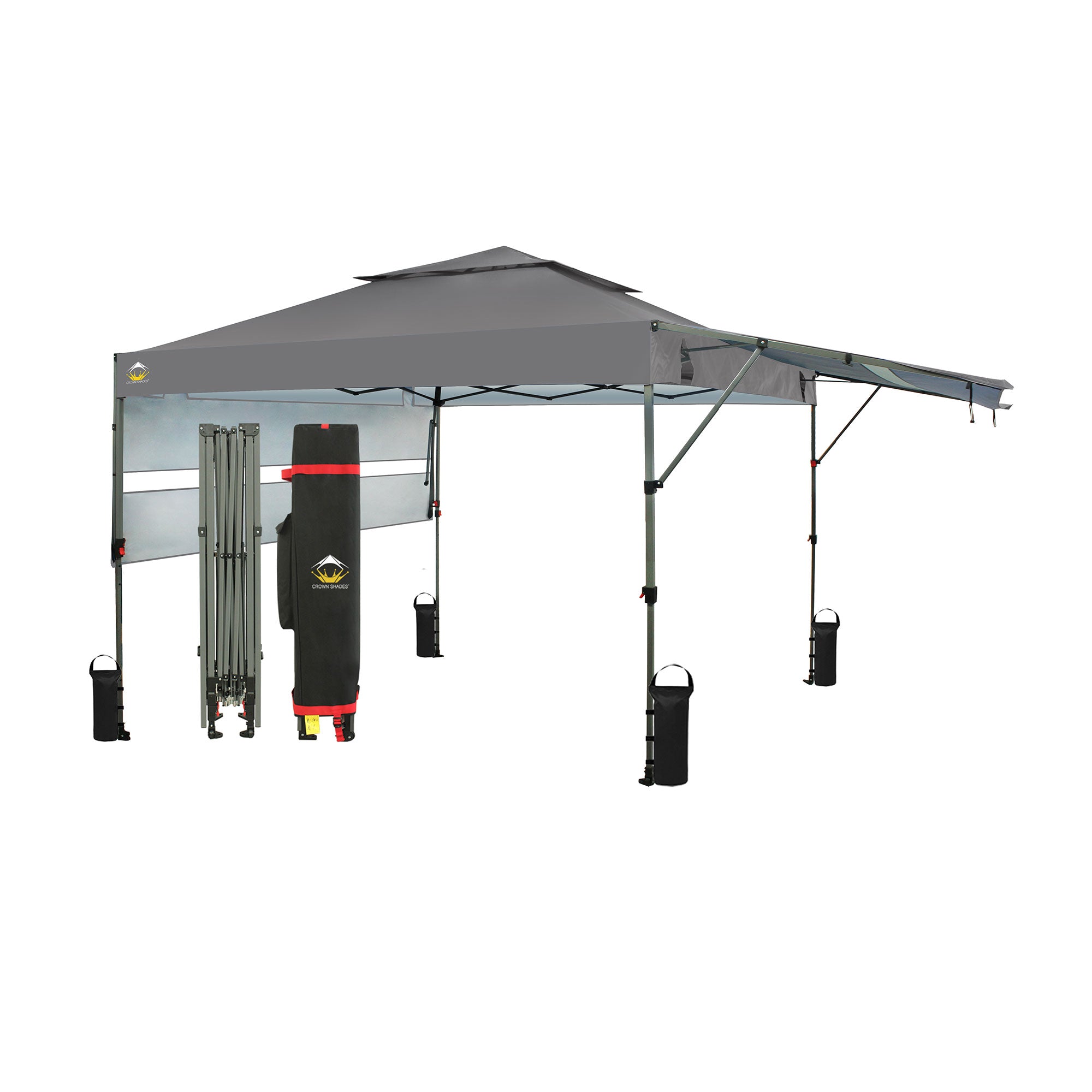 CROWN SHADES 10x10' Pop Up Outdoor Canopy Tent w/ 2 Extended Awnings, Grey(Used) - VMInnovations