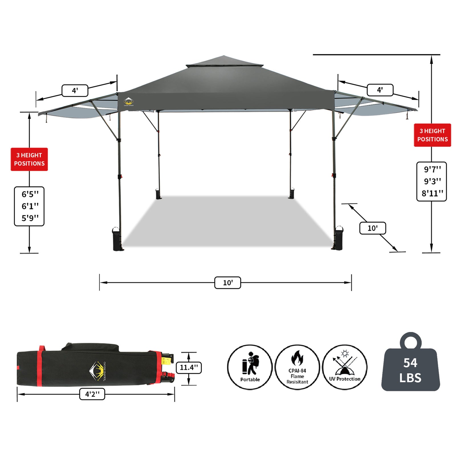 CROWN SHADES 10x10' Pop Up Outdoor Canopy Tent w/ 2 Extended Awnings, Grey(Used) - VMInnovations