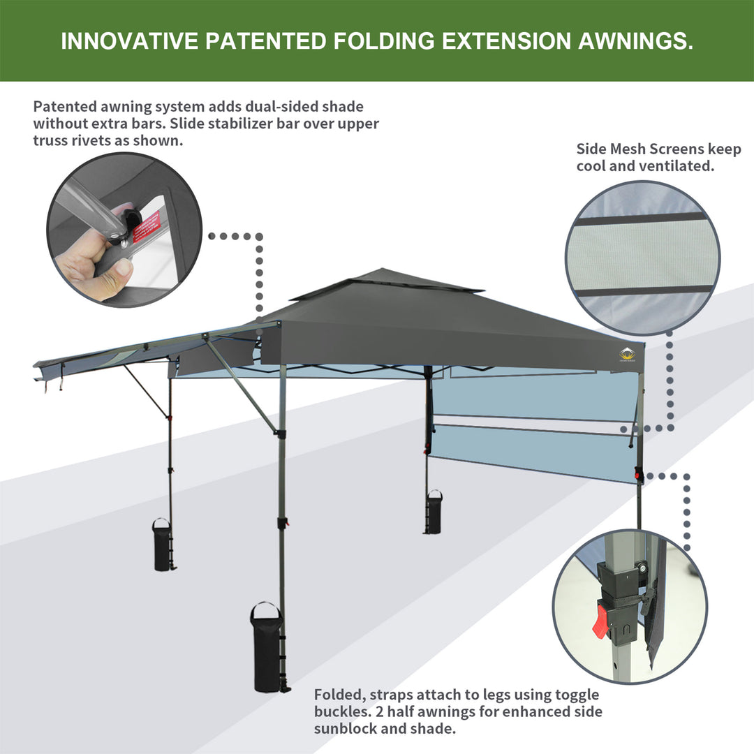 CROWN SHADES 10x10' Pop Up Outdoor Canopy Tent w/ 2 Extended Awnings, Grey(Used) - VMInnovations