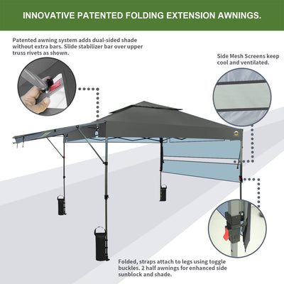 CROWN SHADES 10x10' Pop Up Outdoor Canopy Tent w/ 2 Extended Awnings, Grey(Used) - VMInnovations