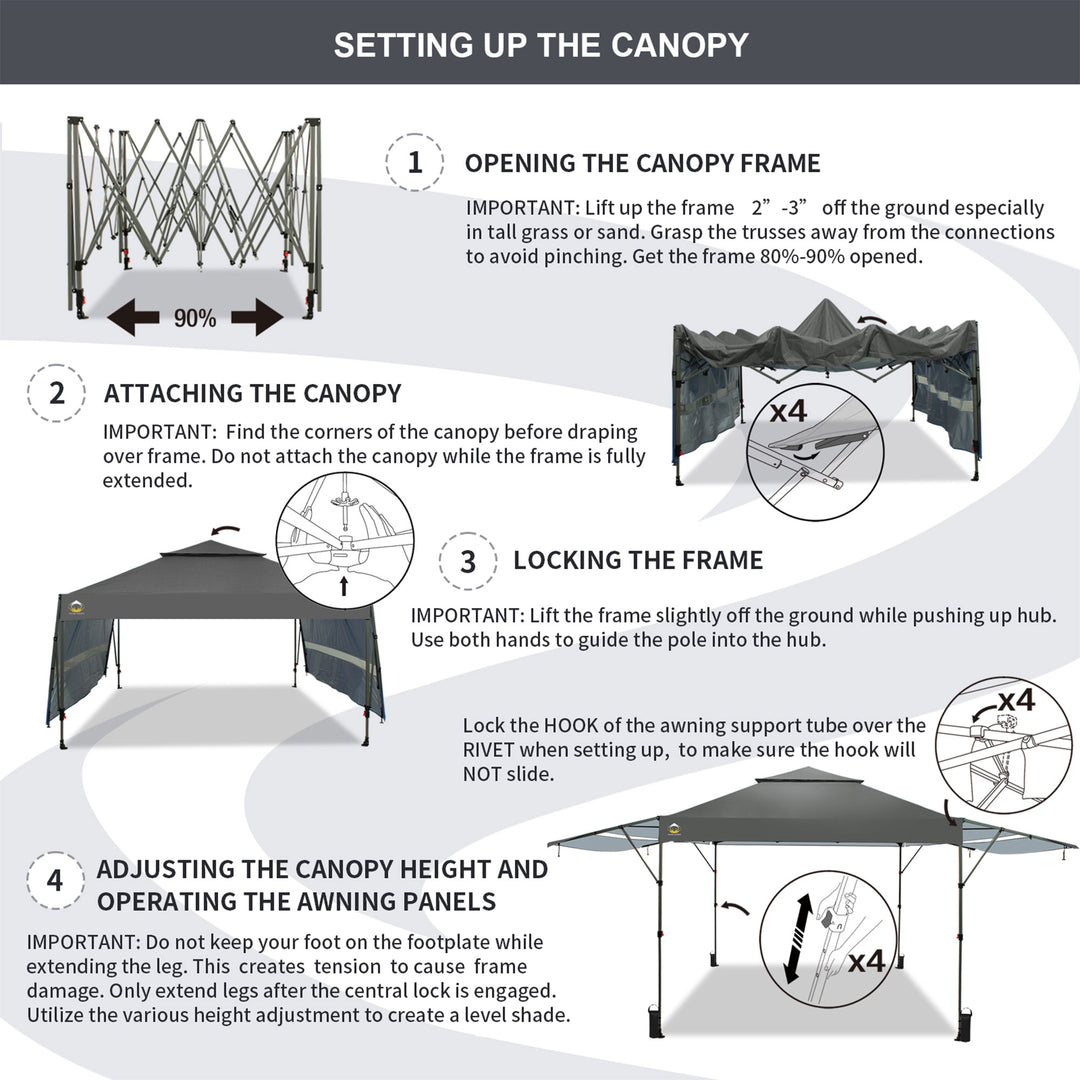 CROWN SHADES 10x10' Pop Up Outdoor Canopy Tent w/ 2 Extended Awnings, Grey(Used) - VMInnovations