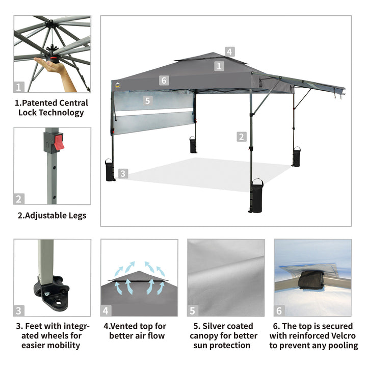 CROWN SHADES 10x10' Pop Up Outdoor Canopy Tent w/ 2 Extended Awnings, Grey(Used) - VMInnovations