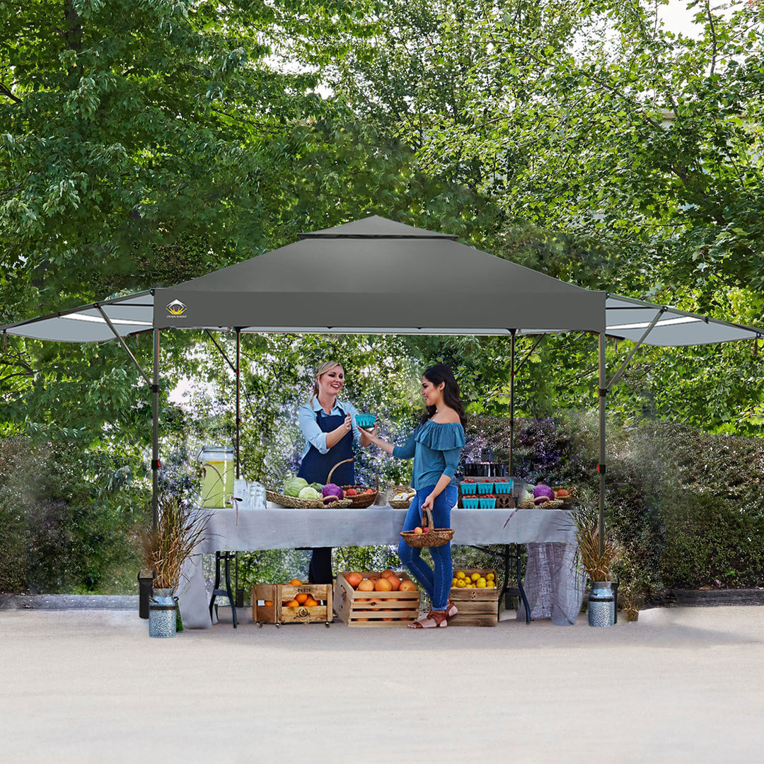 CROWN SHADES 10x10' Pop Up Outdoor Canopy Tent w/ 2 Extended Awnings, Grey(Used) - VMInnovations