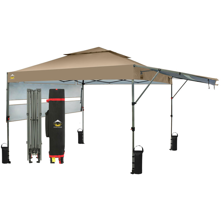 CROWN SHADES 10x10 Ft Pop Up Canopy Tent with 2 Extended Awnings, Beige (Used)