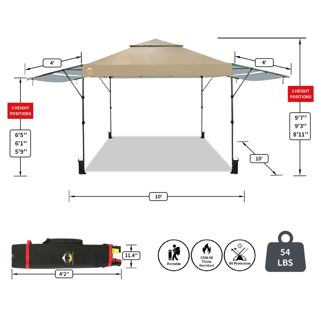 CROWN SHADES 10x10 Ft Pop Up Canopy Tent with 2 Extended Awnings, Beige (Used)